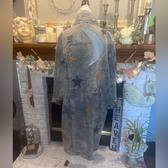 Vintage Upcycled Maxi Denim Jacket Primitive Moon & Stars Boho Shabby Country 3X - Picture 6 of 16